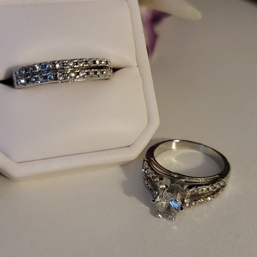 Wedding ring set sterling silver plated sz 10 - Picture 8 of 11